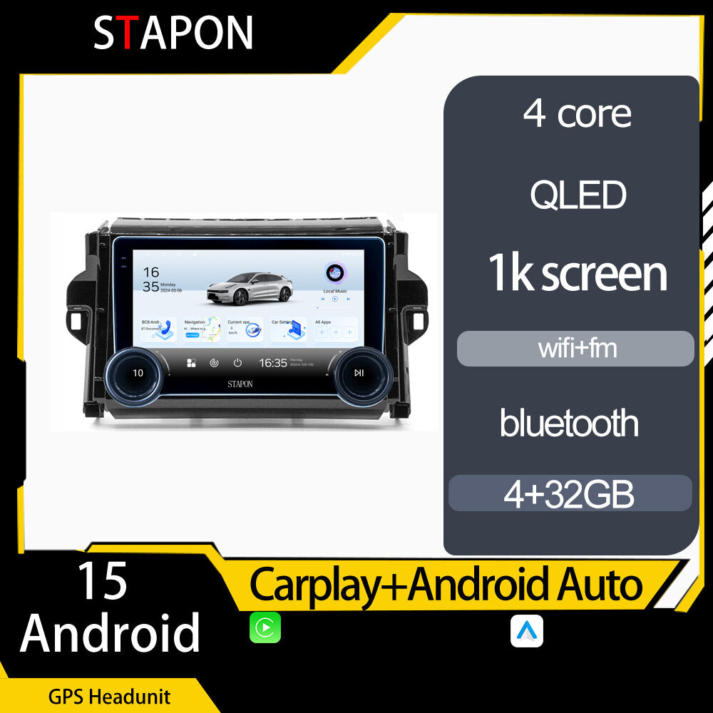 STAPON 10.5inch 4+32GB for toyota fortuner 2016-2023 android16 carplay android auto 2.5D qled 1k SCREEN quad CORE car android head unit stereo WiFi Bluetooth GPS FM rear view S105