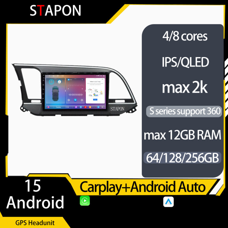 STAPON 9inch for Hyundai elantra 2016-2021 android16 64 128 256GB 2k QLED IPS voice command OCTA CORE DSP 4G LTE carplay 360camera dashcam car stereo android HEAD UNIT plug play WiFi Bluetooth GPS FM AM rear view steering wheel control
