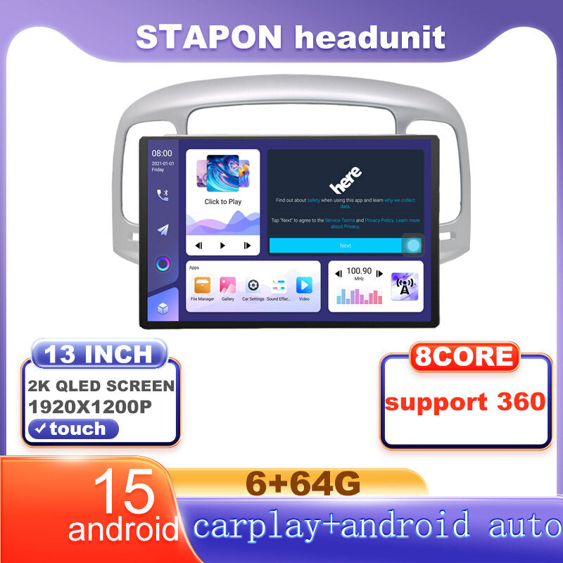 STAPON 13inch 6+64G for hyundai accent 2006-2010 android16 1920x1200p 2k screen carplay android auto OCTA CORE support 360camera car android headunit car android stereo WiFi Bluetooth 5.0 GPS FM rear view S133