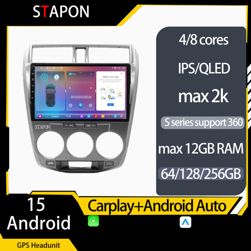 STAPON 10inch for honda city 2008-2013 Android16 32 64 128 256GB QLED 2k IPS voice command carplay android auto OCTA CORE DSP 4G lte 360camera dashcam car stereo navigation HEAD UNIT plug play with WiFi Bluetooth GPS