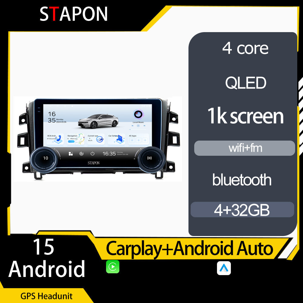 STAPON 10.5inch 4+32GB for nissan navara np300 2011-2022 android16 carplay android auto 2.5D qled 1k SCREEN quad CORE car android head unit stereo WiFi Bluetooth GPS FM rear view S105