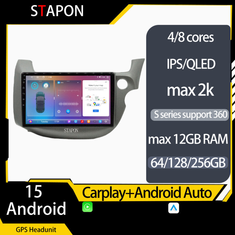 STAPON 10inch for honda jazz fit 2008-2013 Android15 64 128 256GB QLED IPS voice command OCTA CORE DSP 4G LTE carplay android auto 2.5D ips screen 360camera dashcam car stereo android head unit plug play with WiFi Bluetooth GPS rear view
