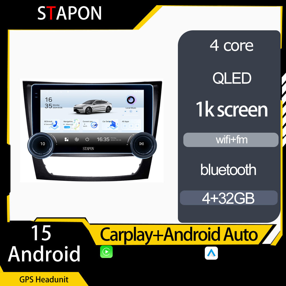 STAPON 10.5inch 4+32GB for benz eclass w211 android16 carplay android auto 2.5D qled 1k SCREEN quad CORE car android head unit stereo WiFi Bluetooth GPS FM rear view S105