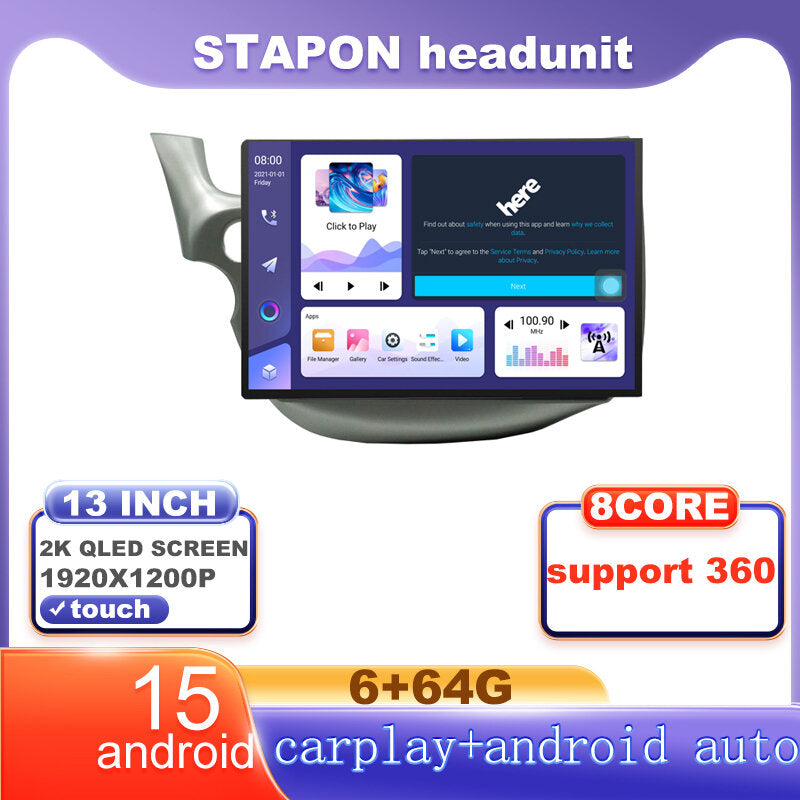 STAPON 13inch 6+64G for honda jazz 2008-2013 android16 1920x1200p 2k screen carplay android auto OCTA CORE support 360camera car android headunit car android stereo WiFi Bluetooth 5.0 GPS FM rear view S133