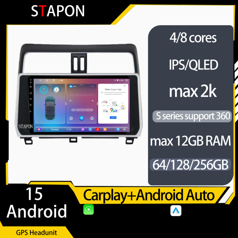 STAPON 10inch for toyota land cruiser prado 2018-2019 android16 64 128 256GB QLED IPS voice command carplay android auto OCTA CORE DSP 4G LTE 360camera dashcam car stereo android HEAD UNIT plug play WiFi Bluetooth GPS