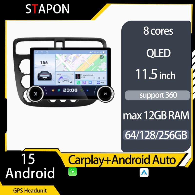 STAPON 11.5inch 64GB 128GB for honda civic 2000-2005 android16 1920x1200p 2k screen carplay android auto 8CORE support 360camera car android headunit stereo 4g WiFi Bluetooth 5.0 GPS am FM rear view S115