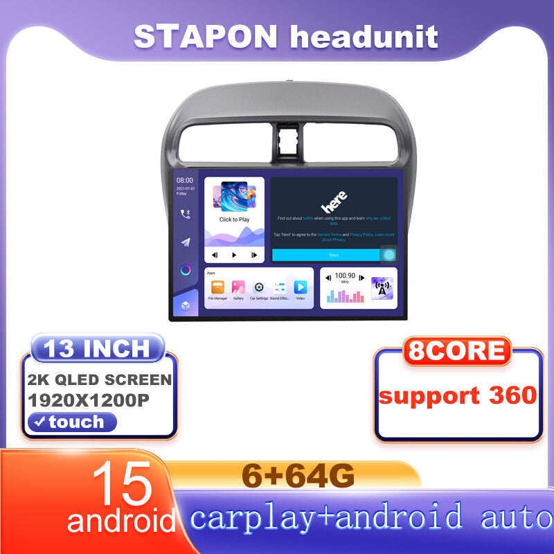 STAPON 13inch 6+64G for mitsubishi mirage android16 1920x1200p 2k screen carplay android auto OCTA CORE support 360camera car android headunit car android stereo WiFi Bluetooth 5.0 GPS FM rear view S133