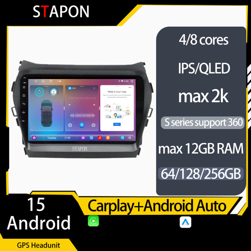 STAPON 9inch for Hyundai santafe ix45 2013-2018 android16 64 128 256GB QLED IPS carplay android auto OCTA CORE DSP 4G lte 360camera dashcam car stereo android HEAD UNIT plug play WiFi Bluetooth GPS rear view