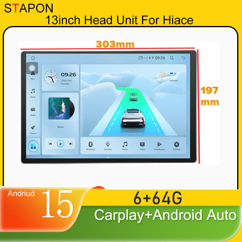 STAPON 13inch 6+64GB for toyota hiace 2005-2025 android16 2k 1920x1200p screen carplay android auto 2.5D qled SCREEN quad CORE car android headunit car android stereo WiFi Bluetooth 5.0 GPS FM rear view S132