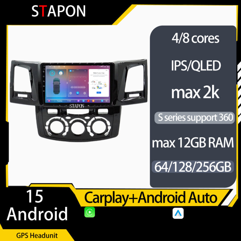 STAPON 9inch for toyota hilux fortuner 2005-2015 android16 64 128 256GB 2k QLED IPS carplay android auto DSP 4G LTE 360camera DASHCAM car stereo android HEAD UNIT plug play with WiFi Bluetooth GPS FM AM manual