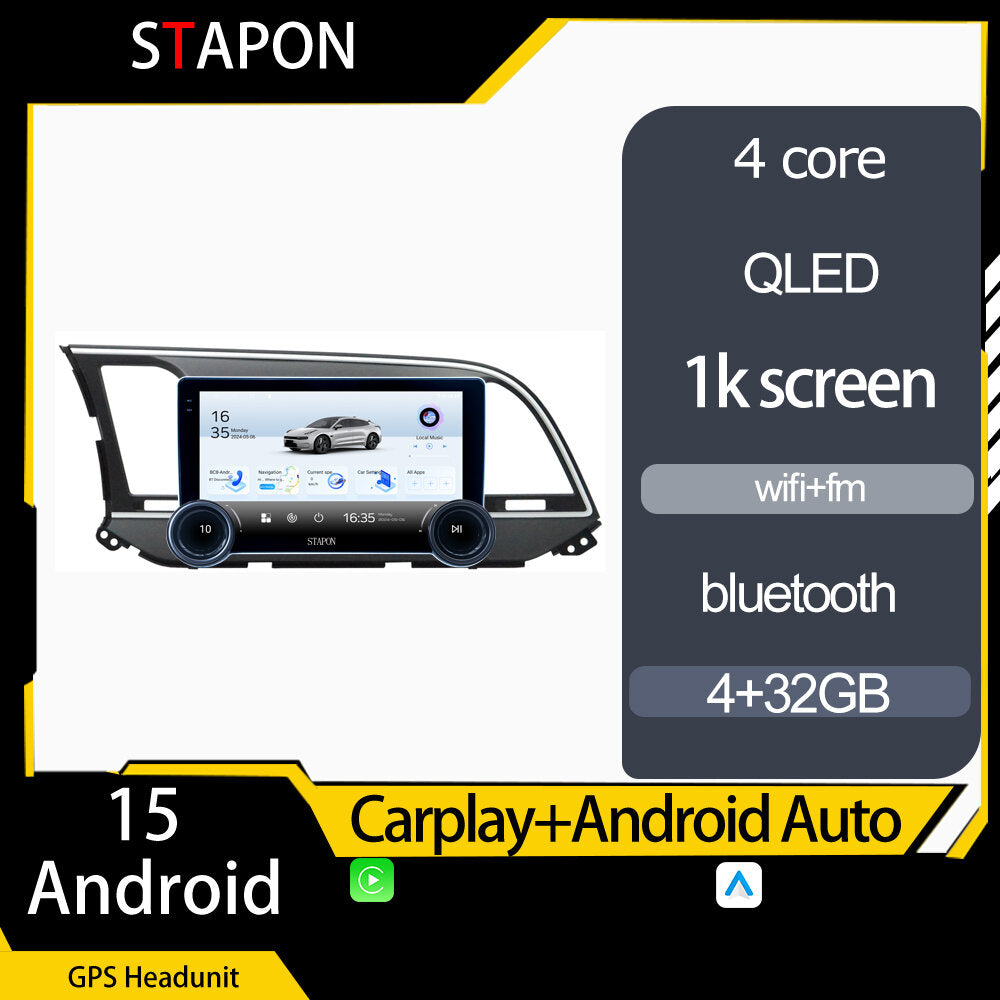 STAPON 10.5inch 4+32GB for hyundai elantra 2016-2020 android16 carplay android auto 2.5D qled 1k SCREEN quad CORE car android head unit stereo WiFi Bluetooth GPS FM rear view S105
