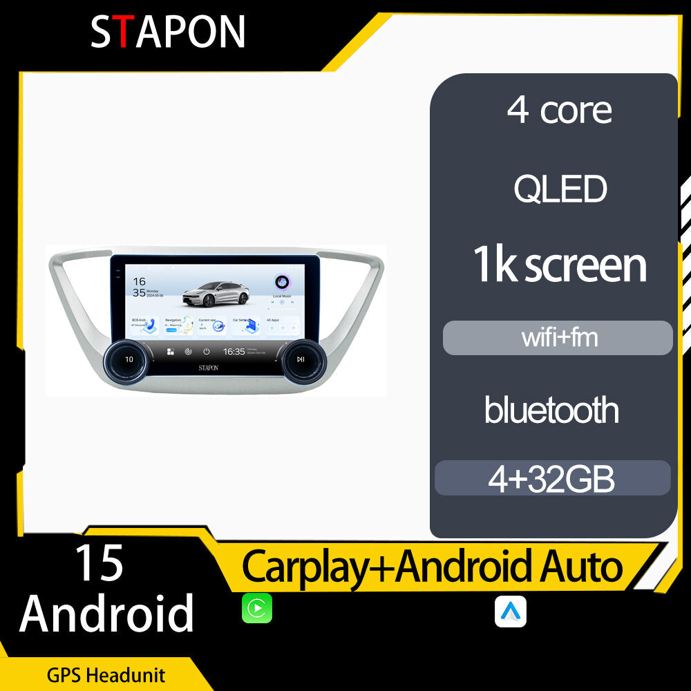 STAPON 10.5inch 4+32GB for hyundai accent 2019-2025 android16 carplay android auto 2.5D qled 1k SCREEN quad CORE car android head unit stereo WiFi Bluetooth GPS FM rear view S105