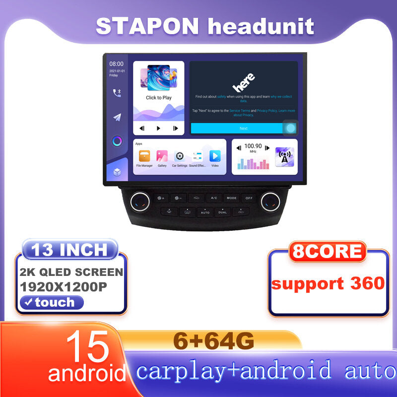 STAPON 13inch 6+64G for honda accord 7generation android16 1920x1200p 2k screen carplay android auto OCTA CORE support 360camera car android headunit car android stereo WiFi Bluetooth 5.0 GPS FM rear view S133