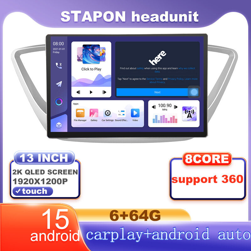 STAPON 13inch 6+64G for hyundai accent 2019-2025 android16 1920x1200p 2k screen carplay android auto OCTA CORE support 360camera car android headunit car android stereo WiFi Bluetooth 5.0 GPS FM rear view S133