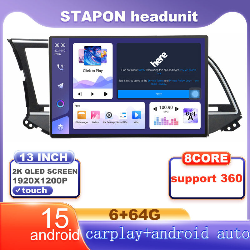 STAPON 13inch 6+64G for hyundai elantra 2016-2021 android16 1920x1200p 2k screen carplay android auto OCTA CORE support 360camera car android headunit car android stereo WiFi Bluetooth 5.0 GPS FM rear view S133