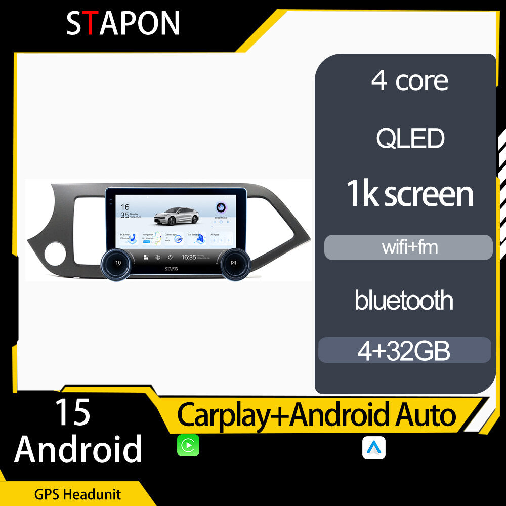 STAPON 10.5inch 4+32GB for kia picanto 2011-2017 android16 carplay android auto 2.5D qled 1k SCREEN quad CORE car android head unit stereo WiFi Bluetooth GPS FM rear view S105