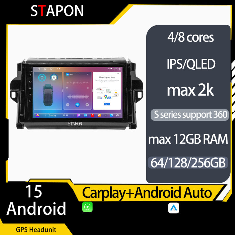 STAPON 9inch for toyota fortuner 2016-2025 Android16 64 128 256GB 2k QLED voice command carplay android auto OCTA CORE DSP 4G LTE 360camera dashcam car stereo android HEAD UNIT plug play WiFi Bluetooth GPS