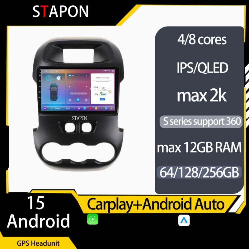 STAPON 9inch for ford ranger 2009-2015 android16 64 128 256GB 2k QLED IPS carplay android auto OCTA CORE DSP 4G LTE 360camera dashcam car stereo android HEAD UNIT plug play MP5 player with WiFi Bluetooth GPS FM AM big style