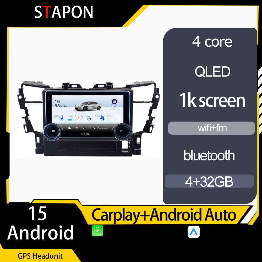 STAPON 10.5inch 4+32GB for toyoa alphard 2015-2020 android16 carplay android auto 2.5D qled 1k SCREEN quad CORE car android head unit stereo WiFi Bluetooth GPS FM rear view S105
