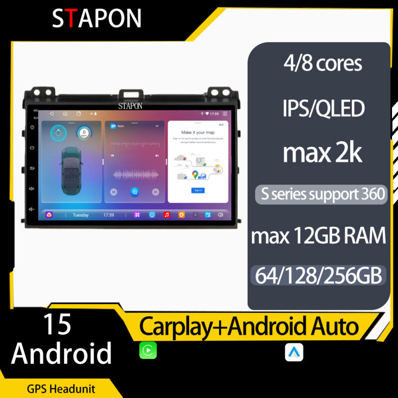 STAPON 9inch FOR Toyota prado 2004-2008 android16 64 128 256GB 2k QLED IPS voice command carplay android auto OCTA CORE DSP 4G LTE 360camera DASHCAM car stereo android HEAD UNIT plug play WiFi Bluetooth GPS FM AM