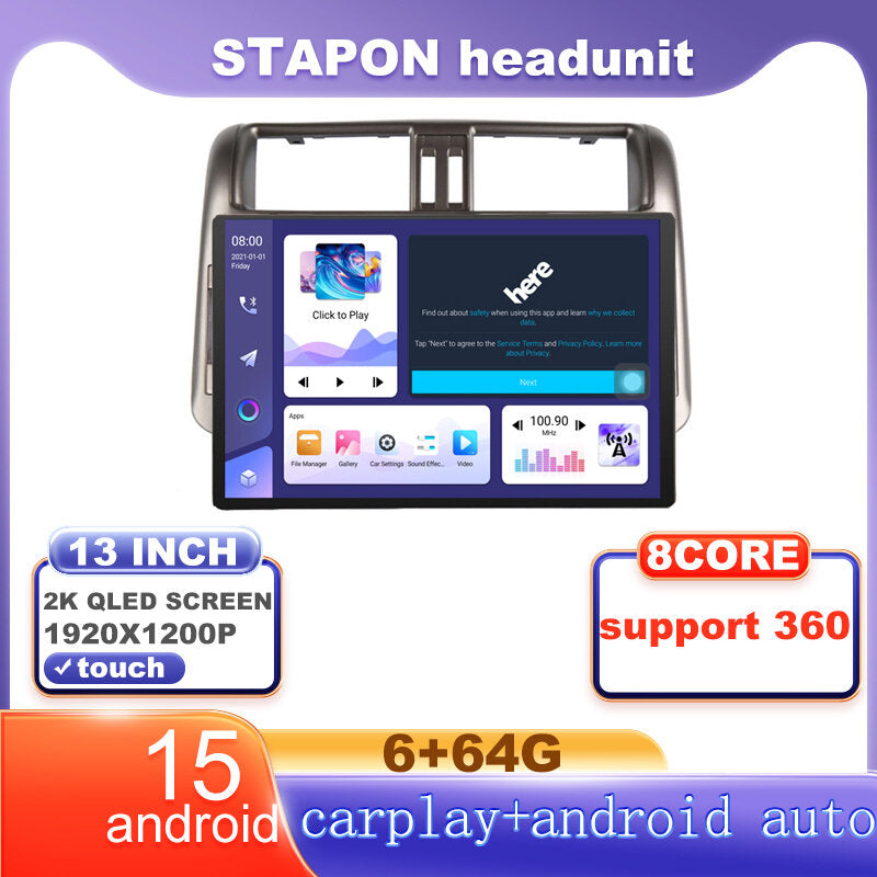 STAPON 13inch 6+64G for toyota prado 2010-2013 android16 1920x1200p 2k screen carplay android auto OCTA CORE support 360camera car android headunit car android stereo WiFi Bluetooth 5.0 GPS FM rear view S133