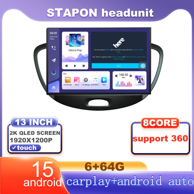 STAPON 13inch 6+64G for hyundai i10 2008-2013 android16 1920x1200p 2k screen carplay android auto OCTA CORE support 360camera car android headunit car android stereo WiFi Bluetooth 5.0 GPS FM rear view S133