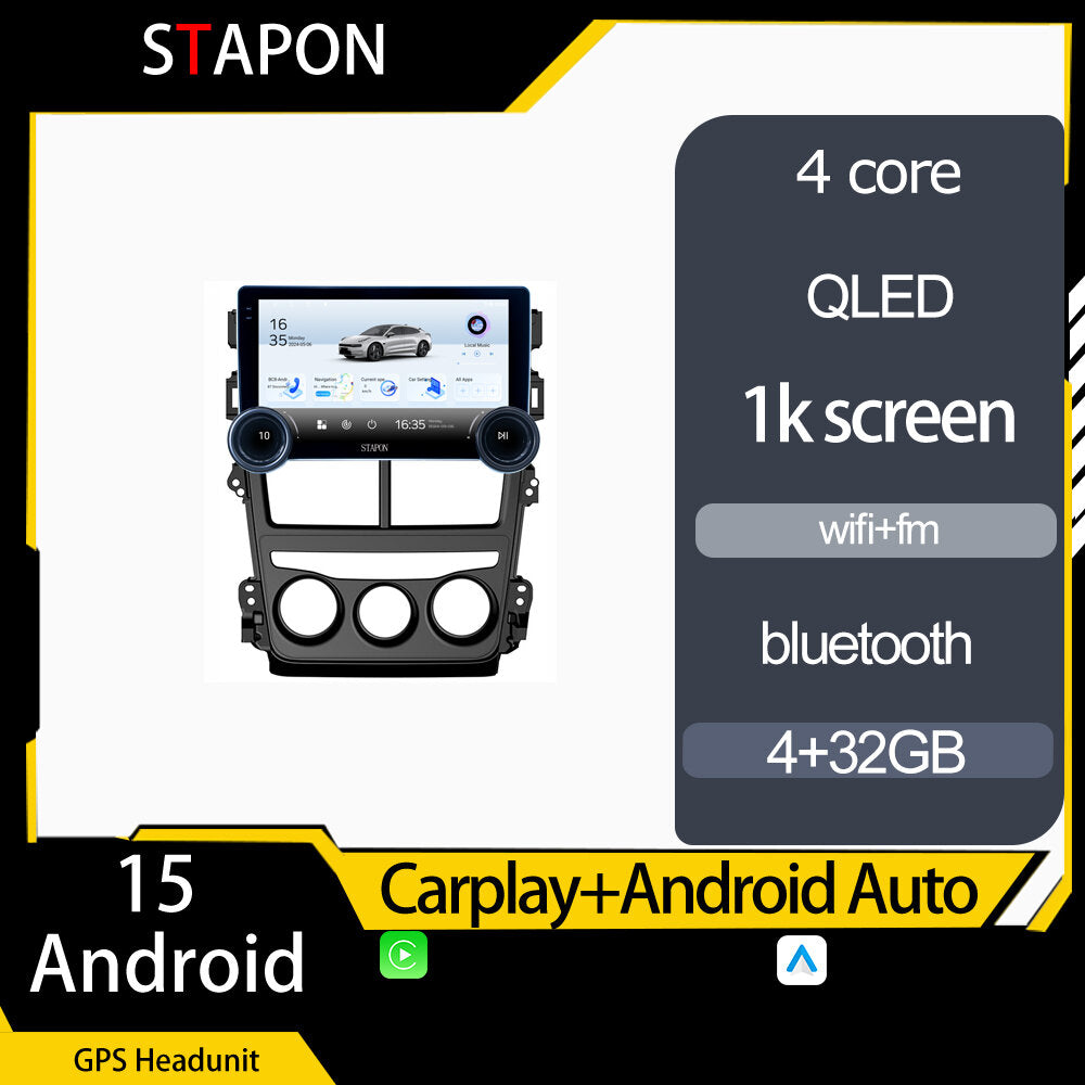 STAPON 10.5inch 4+32GB for toyota vios 2019-2025 android16 carplay android auto 2.5D qled 1k SCREEN quad CORE car android head unit stereo WiFi Bluetooth GPS FM rear view S105