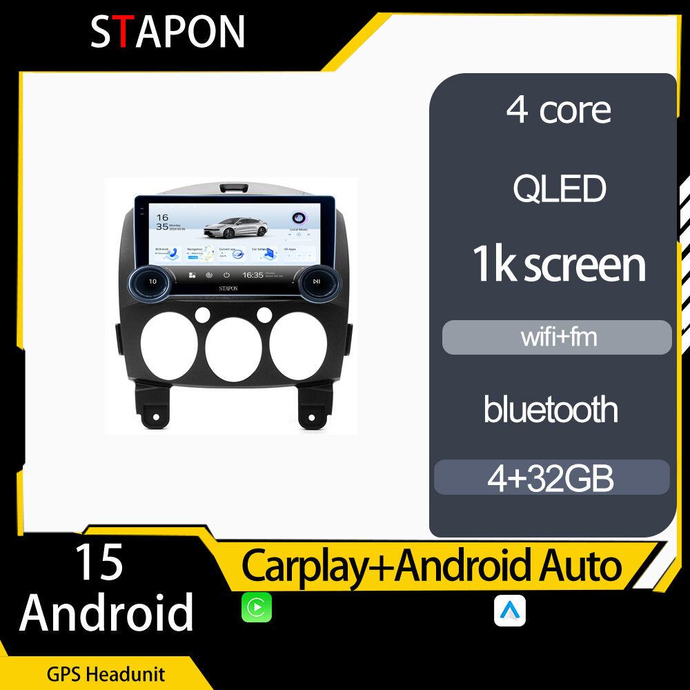 STAPON 10.5inch 4+32GB for mazda2 2007-2013 android16 carplay android auto 2.5D qled 1k SCREEN quad CORE car android head unit stereo WiFi Bluetooth GPS FM rear view S105
