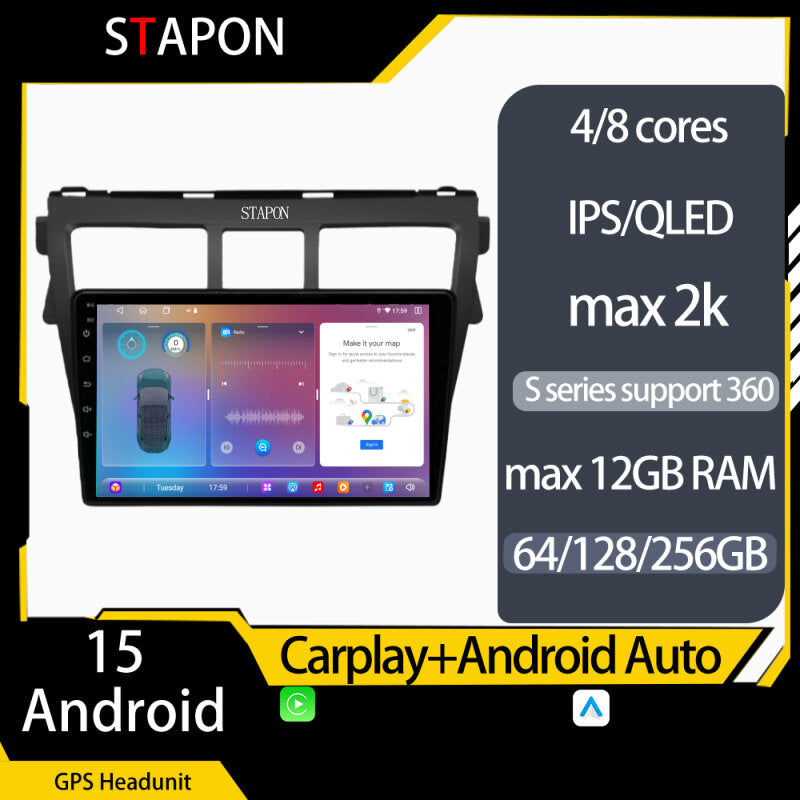 STAPON 9inch for Toyota  vios 2008-2012 android16 64 128 256GB 2k QLED IPS voice command carplay android auto OCTA CORE DSP 4G LTE 360camera dashcam car stereo android HEAD UNIT plug play multimedia player WiFi Bluetooth GPS