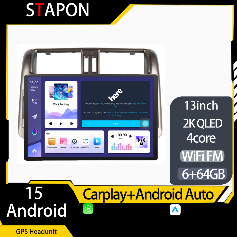 STAPON 13inch 64GB 128GB for toyota prado 2010-2013 android16 2k 1920x1200p screen carplay android auto 2.5D qled SCREEN quad CORE car android headunit car android stereo WiFi Bluetooth 5.0 GPS FM rear view S132