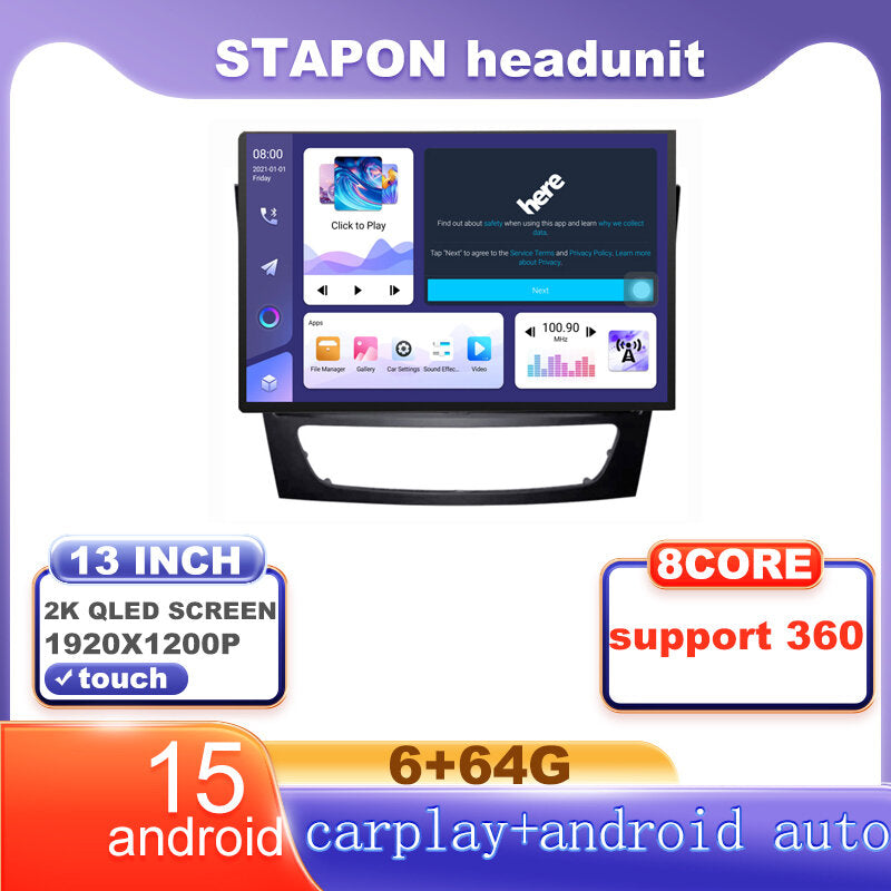 STAPON 13inch 6+64G for benz e class w211 w219 2005-2009 android16 1920x1200p 2k screen carplay android auto OCTA CORE support 360camera car android headunit car android stereo WiFi Bluetooth 5.0 GPS FM rear view S133