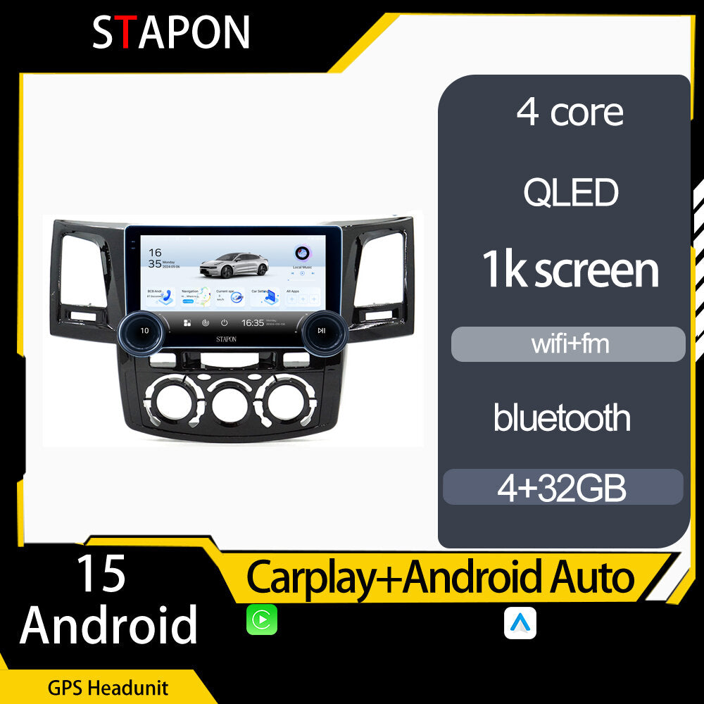 STAPON 10.5inch 4+32GB for fortuner 2005-2015m android16 carplay android auto 2.5D qled 1k SCREEN quad CORE car android head unit stereo WiFi Bluetooth GPS FM rear view S105