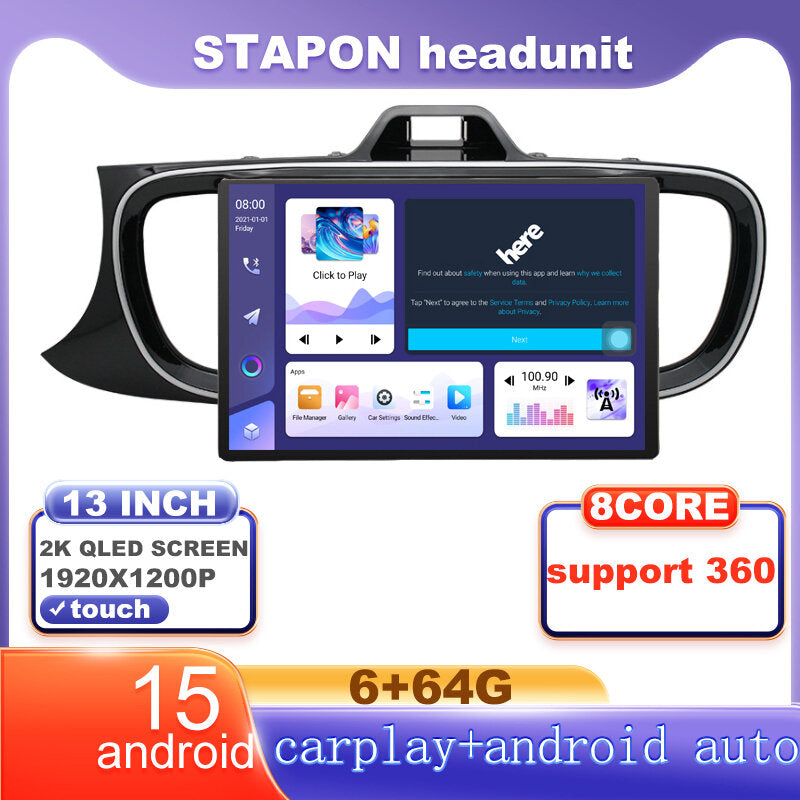 STAPON 13inch 6+64G for kia pegas soluto 2017-2023 android16 1920x1200p 2k screen carplay android auto OCTA CORE support 360camera car android headunit car android stereo WiFi Bluetooth 5.0 GPS FM rear view S133