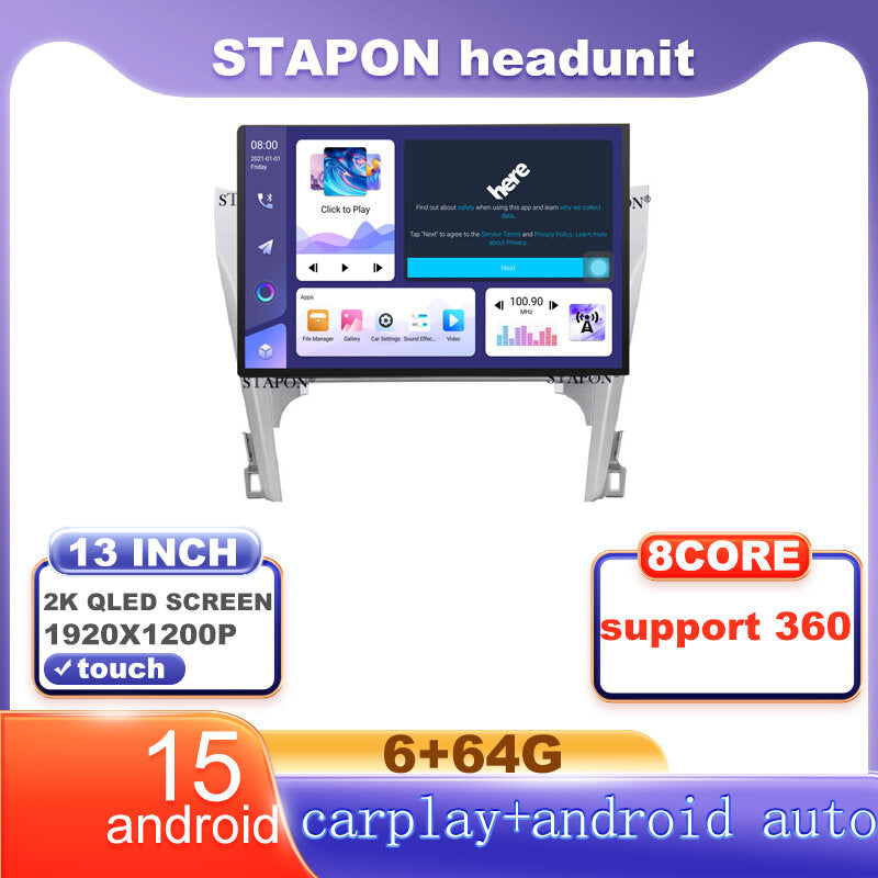 STAPON 13inch 6+64G for toyota carmy 2012-2015 android16 1920x1200p 2k screen carplay android auto OCTA CORE support 360camera car android headunit car android stereo WiFi Bluetooth 5.0 GPS FM rear view S133