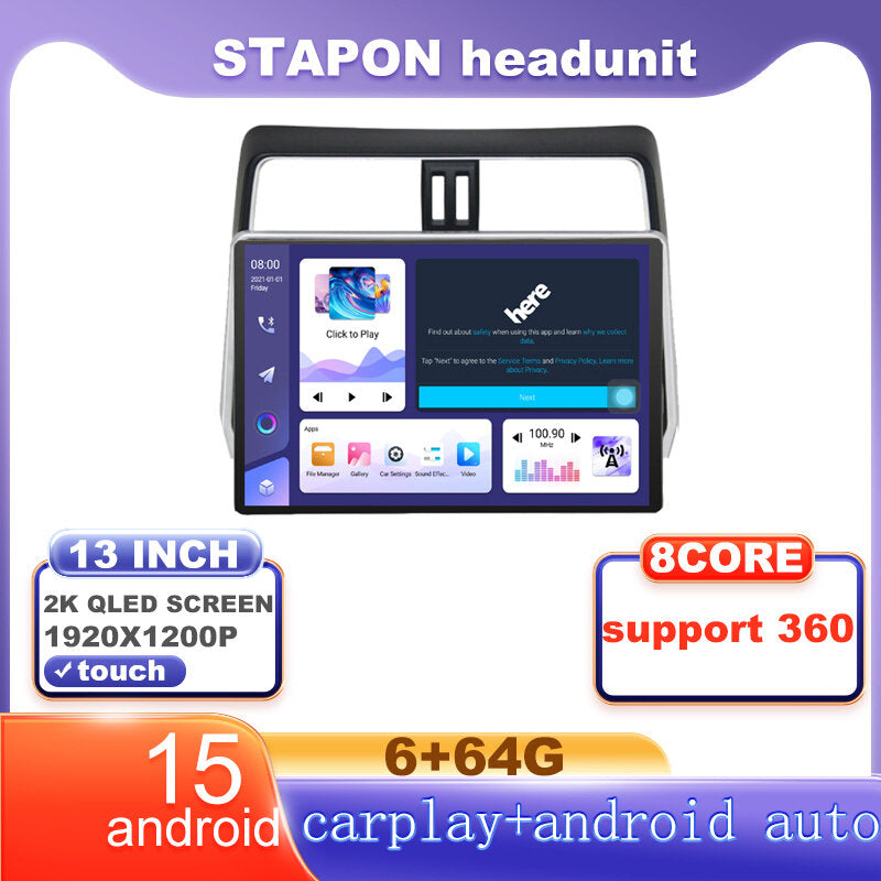 STAPON 13inch 6+64G for toyota land cruiser prado 2018-2019 android16 1920x1200p 2k screen carplay android auto OCTA CORE support 360camera car android headunit car android stereo WiFi Bluetooth 5.0 GPS FM rear view S133