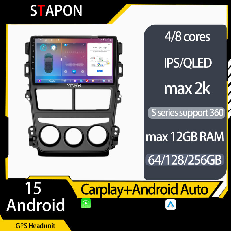STAPON 9inch for Toyota VIOS 2019-2025 Android16 64 128 256GB 2k QLED IPS voice command carplay android auto OCTA CORE DSP 4G LTE 360camera DASHCAM car android HEAD UNIT plug play stereo navigation WiFi Bluetooth GPS manual