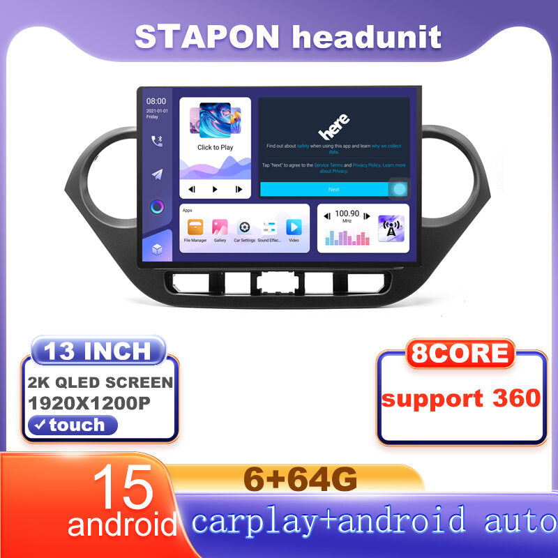 STAPON 13inch 6+64G for hyundai i10 2014-2018 android16 1920x1200p 2k screen carplay android auto OCTA CORE support 360camera car android headunit car android stereo WiFi Bluetooth 5.0 GPS FM rear view S133