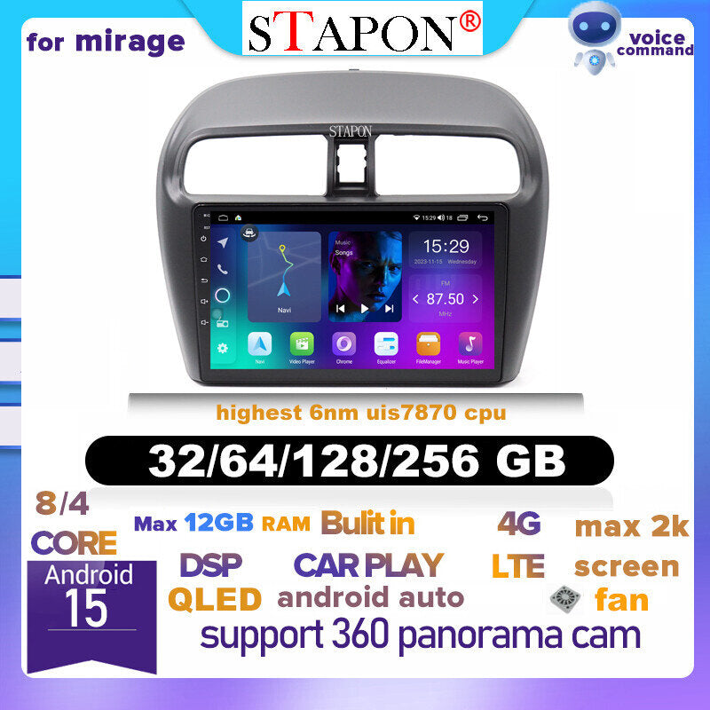 STAPON 9inch for Mitsubishi mirage 2012-2025 android16 32 64 128 256GB 2k QLED IPS carplay android auto OCTA CORE DSP 4G lte 360camera dashcam car stereo android HEAD UNIT plug play WiFi Bluetooth GPS