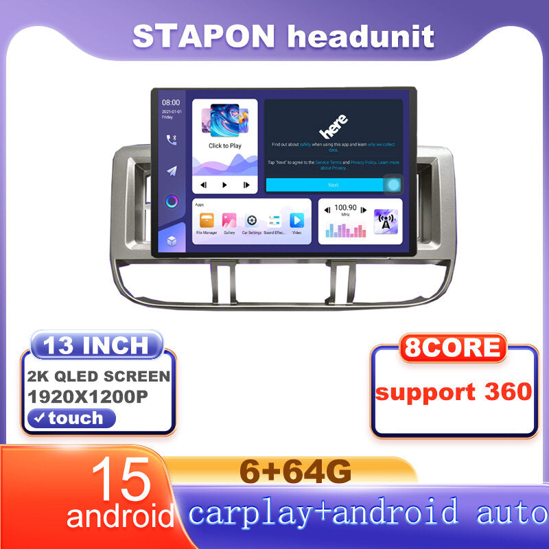 STAPON 13inch 6+64G for nissan xtrail 2002 Android15 1920x1200p 2k screen carplay android auto OCTA CORE support 360camera car android headunit car android stereo WiFi Bluetooth 5.0 GPS FM rear view S133
