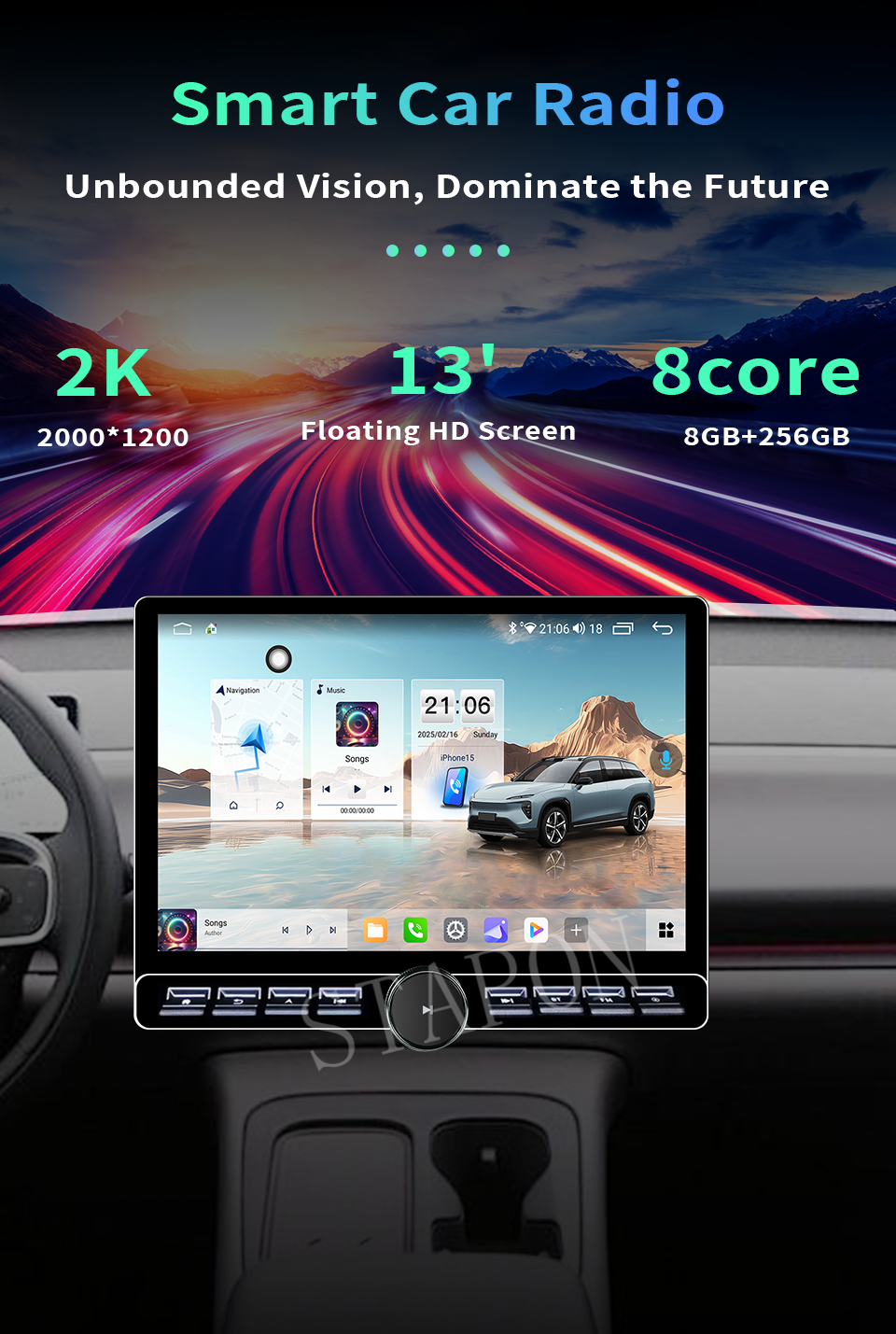 STAPON 13inch 64 128 256GB android16 2k 1920x1200p 2k screen carplay android auto OCTA CORE 4G DSP support 360camera car android headunit car android stereo WiFi Bluetooth 5.0 GPS AM FM RDS rear view 2din S13