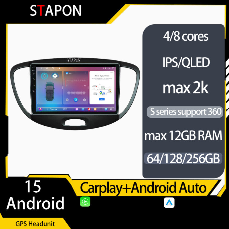 STAPON 9inch for hyundai i10 2008-2013 android16 64 128 256GB QLED IPS carplay android auto OCTA CORE DSP 4G LTE 360camera DASHCAM car stereo ANDROID HEAD UNIT plug play with WiFi Bluetooth GPS FM AM rear view