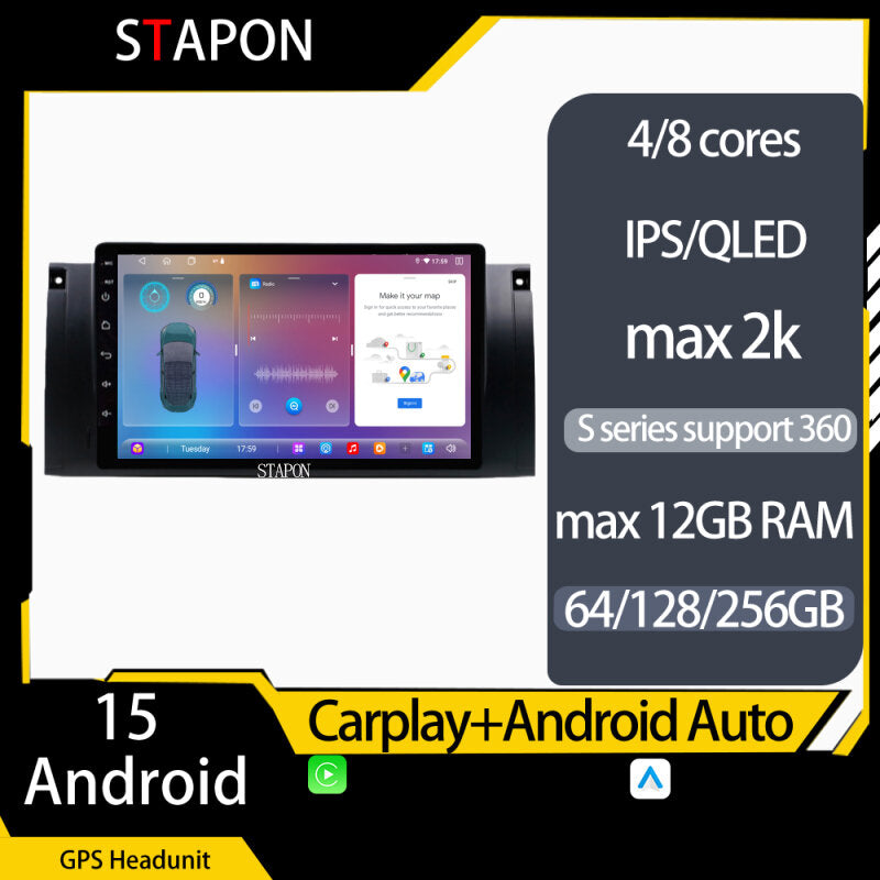 STAPON 9inch for BMW E39 E53 M5 X5 android16 64 128 256GB 2k QLED IPS OCTA CORE DSP 4G LTE carplay android auto 360camera dashcam car stereo android HEAD UNIT plug play multimedia player WiFi Bluetooth GPS