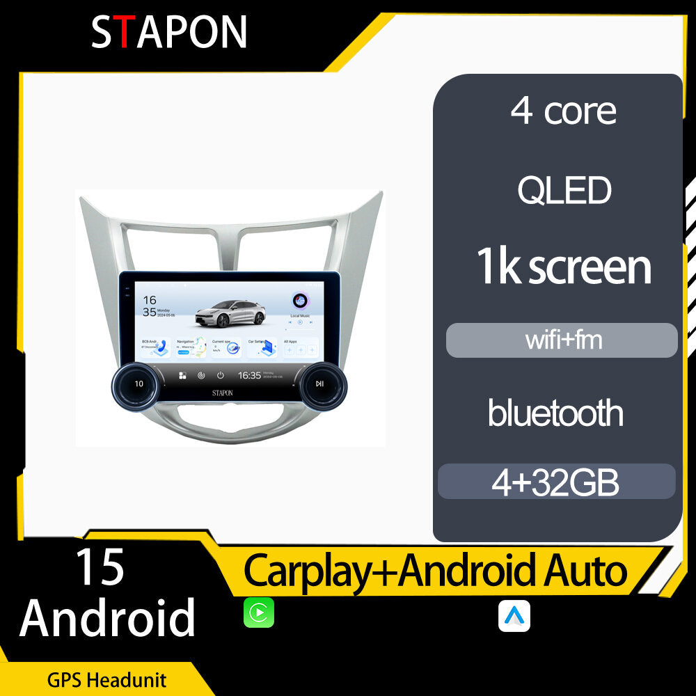 STAPON 10.5inch 4+32GB for hyundai accent 2011-2018 android16 carplay android auto 2.5D qled 1k SCREEN quad CORE car android head unit stereo WiFi Bluetooth GPS FM rear view S105