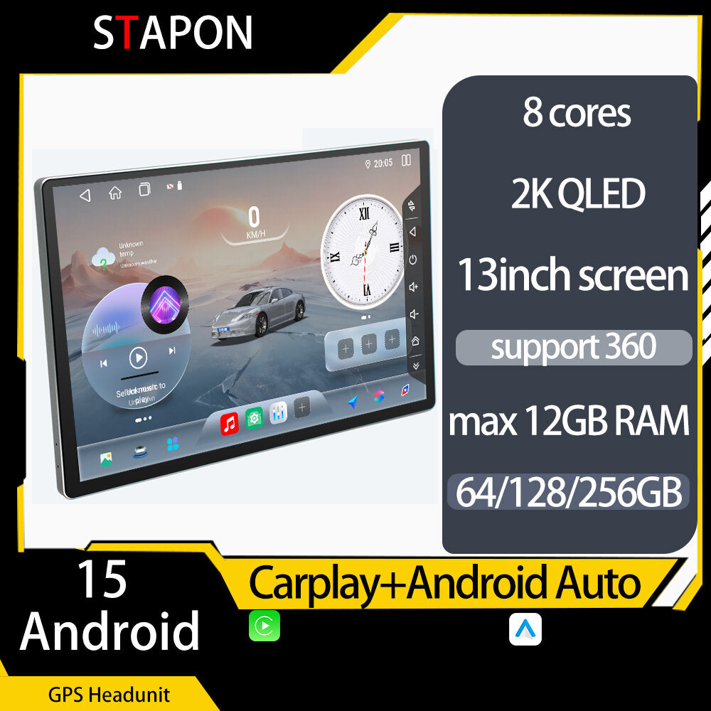 STAPON 13inch 64 128 256GB android16 2k 1920x1200p screen carplay android auto 2.5D qled SCREEN OCTA CORE 4G DSP car android headunit car android stereo WiFi Bluetooth 5.0 GPS AM FM RDS rear view 2din S13