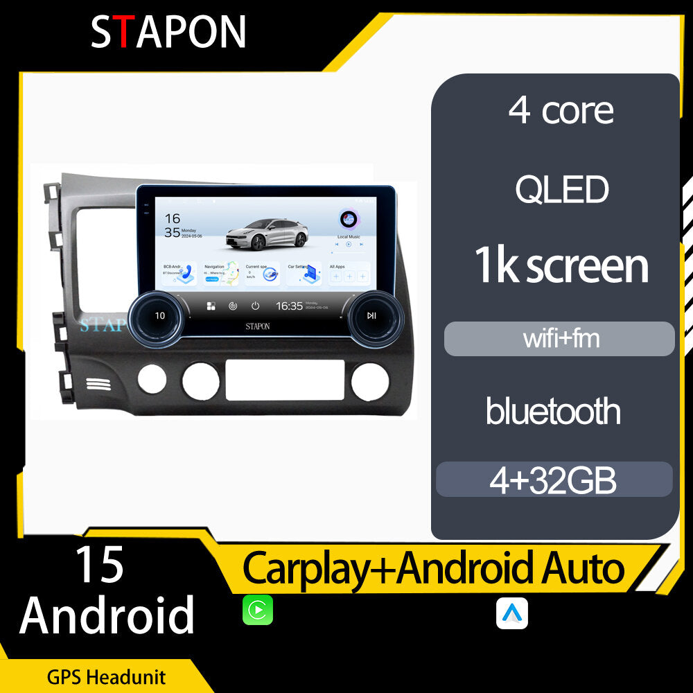 STAPON 10.5inch 4+32GB for honda civic 2006-2011 android16 carplay android auto 2.5D qled 1k SCREEN quad CORE car android head unit stereo WiFi Bluetooth GPS FM rear view S105