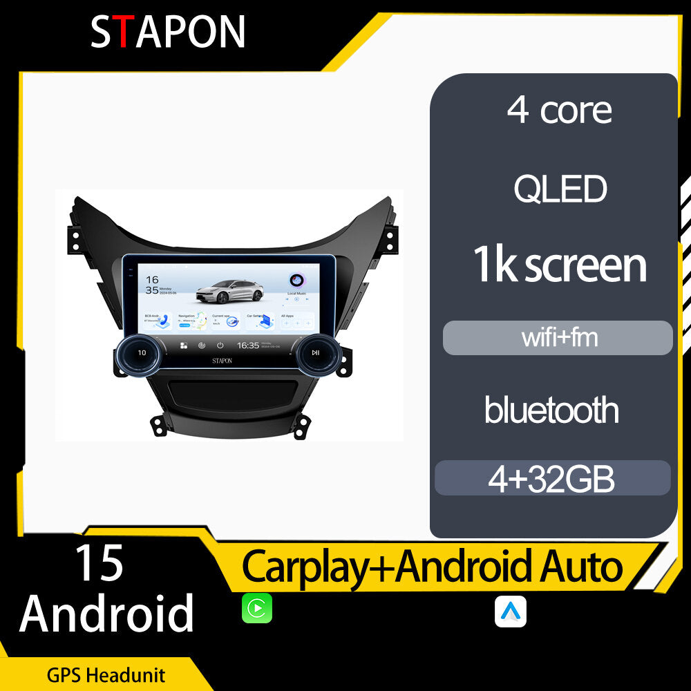 STAPON 10.5inch 4+32GB for hyundai elantra 2011-2013 android16 carplay android auto 2.5D qled 1k SCREEN quad CORE car android head unit stereo WiFi Bluetooth GPS FM rear view S105