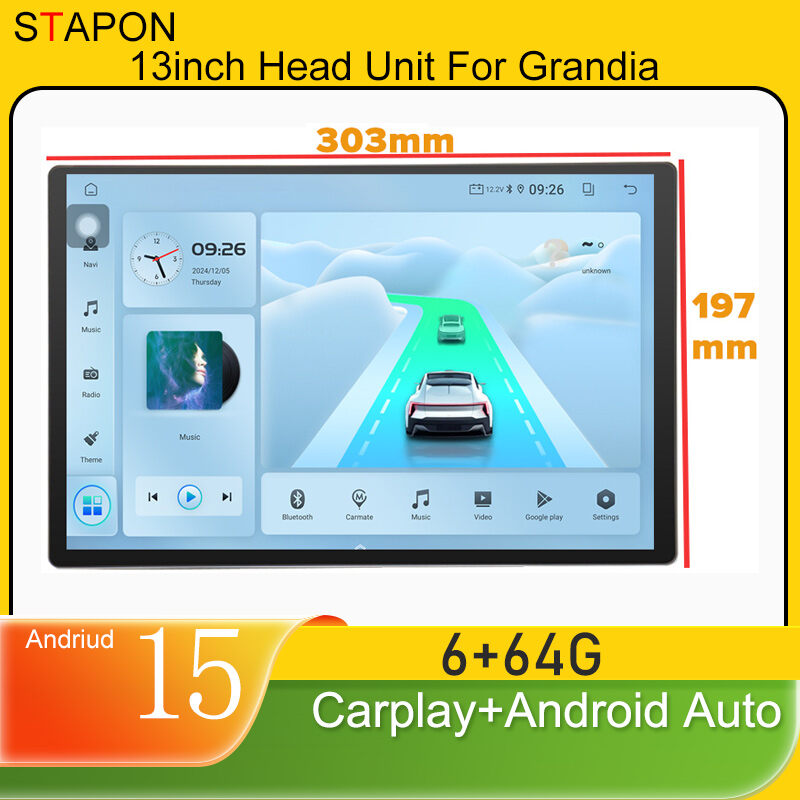 STAPON 13inch 6+64GB for toyota hiace supper grandia 2005-2018 Android15 2k 1920x1200p screen carplay android auto 2.5D qled SCREEN quad CORE car android headunit car android stereo WiFi Bluetooth 5.0 GPS FM rear view S132