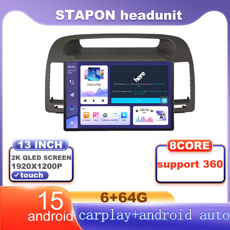 STAPON 13inch 6+64G for toyota camry 2002-2005 android16 1920x1200p 2k screen carplay android auto OCTA CORE support 360camera car android headunit car android stereo WiFi Bluetooth 5.0 GPS FM rear view S133