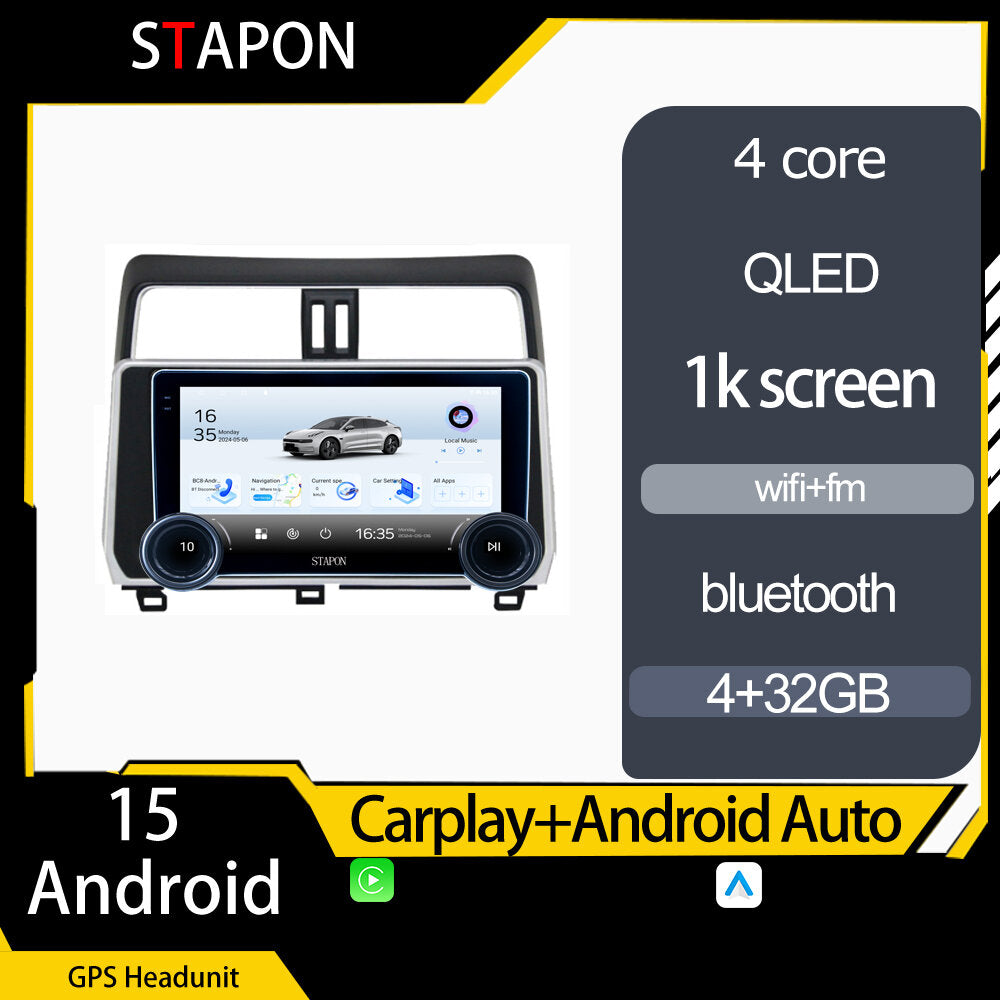 STAPON 10.5inch 4+32GB for toyota land cruiser prado 2018-2019 android16 carplay android auto 2.5D qled 1k SCREEN quad CORE car android head unit stereo WiFi Bluetooth GPS FM rear view S105