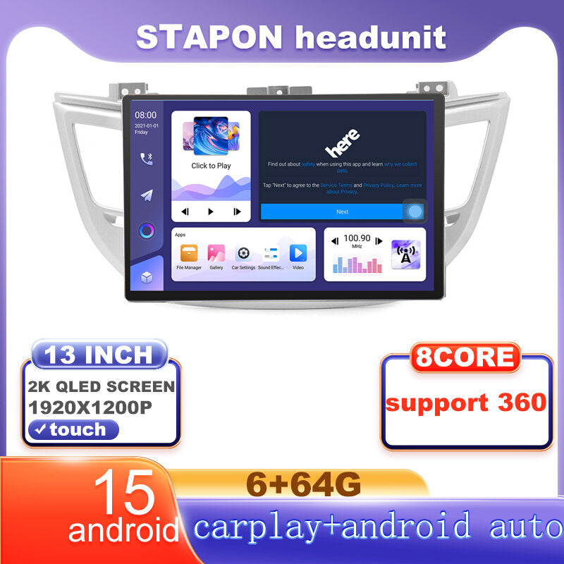STAPON 13inch 6+64G for hyundai tucson 2016-2018 android16 1920x1200p 2k screen carplay android auto OCTA CORE support 360camera car android headunit car android stereo WiFi Bluetooth 5.0 GPS FM rear view S133